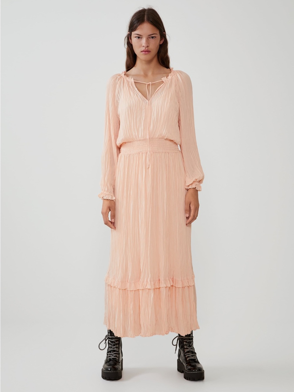 Zara Satin Like Peach Blush Pink Ruffle Midi Dress